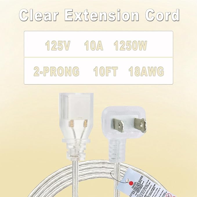 Clear Extension Cord 10 FT 2 Pack, Indoor Thin 2 Prong Extension Cord with Flat Plug, Slim Extension Cable for Christmas Lights, Lamps & Holiday Lighting (18AWG, 10A/125V)