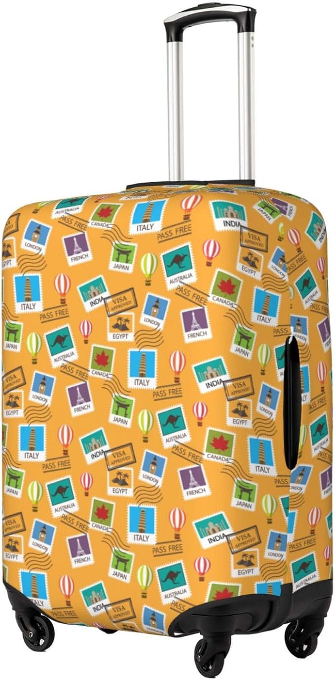 World Map & Stamps Print Elastic Luggage Cover, Suitcase Protector For Travel (Fits 29-32 Inch Luggage)