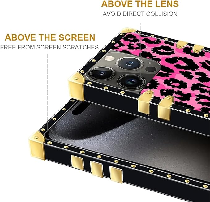 Compatible with iPhone 16 Pro Case, Pink Black Leopard Luxury Golden Decoration for Girl Women Soft TPU Shockproof Protective Hard PC Back