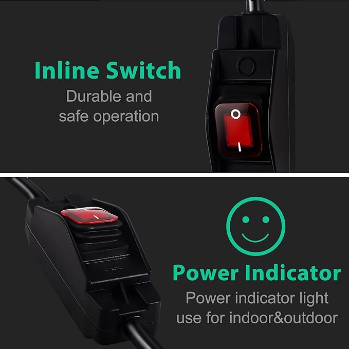 Outdoor Waterproof On/Off Switch Extension Cord, Heavy Duty 125v/250v Black SJTW Cord (1.5 Ft, Black)