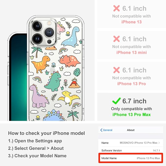 MOSNOVO Case for iPhone 13 Pro Max, [Buffertech 6.6ft Military-Grade Drop Protection] [Anti Peel Off Tech] Clear TPU Bumper Phone Case Cover Design - Dinosaur Land