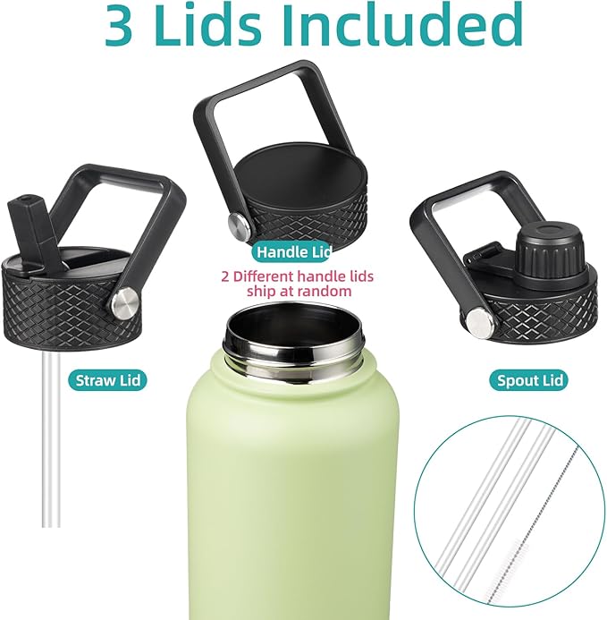 Konokyo 32 oz Insulated Water Bottle Stainless Steel Sport Bottles with 3 Lids,Macaron Green