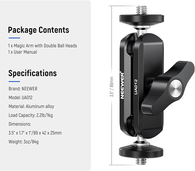 NEEWER Flexible Articulating Magic Arm with Dual Ball Heads, CNC Machined Aluminum Alloy with 1/4" Screws&Holes for Camera Monitor, LED Light, Microphone, Tripod, Compatible with SmallRig Cage, UA012
