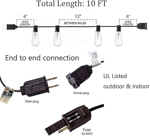 10Ft ST40 Outdoor String Lights with 11 Incandescent Bulbs, E17 Scoket Base, Waterproof Patio String Lights, Hanging Vintage Edison Lights Outdoor for Backyard Garden Porch Party Wedding Decor, Brown