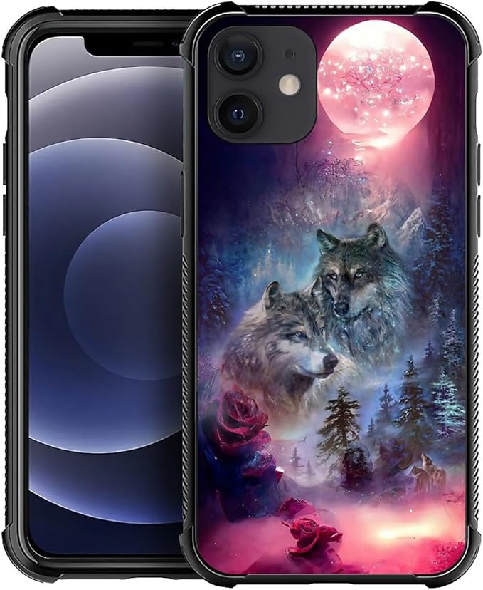 for iPhone 11 Case, Star Two Wolfs Howling Pattern Graphic Design Girl Boy Soft Silicone Hard Acrylic Shock Protection for iPhone 11