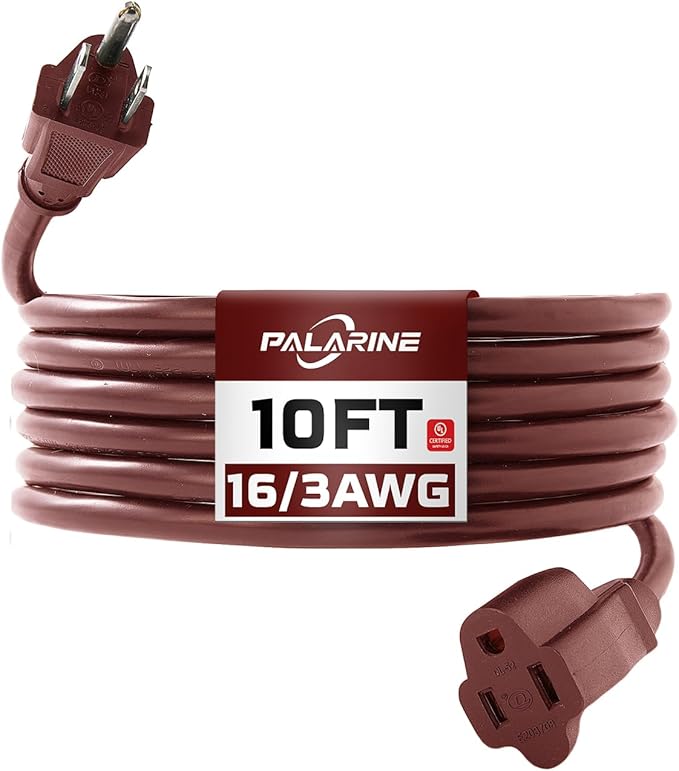 10ft Brown Outdoor Extension Cord Waterproof, UL Listed, 16/3 SJTW Heavy Duty 3 Prong, 16 Gauge 13A Power Cord Ideal for Indoor Outdoor Lights, Appliances, and Lawn