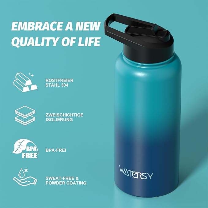 32oz Insulated Water Bottle (Cold for 48 Hrs),BPA Free&Leak Proof,Stainless Steel Water Flask,Water Jug with Straw Spout Lids for Gym,Hiking,Travel,Gradient Blue
