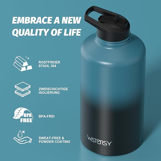 87oz Insulated Water Bottle (Cold for 48 Hrs),BPA Free&Leak Proof,1.5 Gallon Stainless Steel Water Flask,Water Jug with Straw Spout Lids for Gym,Hiking,Camping,Black Blue