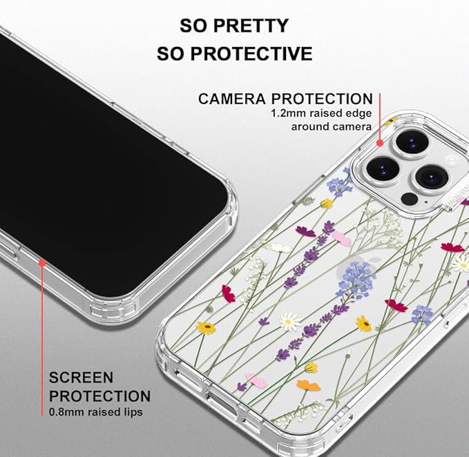 MOSNOVO Case for iPhone 16 Pro Max, [Buffertech 6.6ft Military-Grade Drop Protection] [Anti Peel Off Tech] Clear TPU Bumper Phone Case Cover Design - Floral Garden