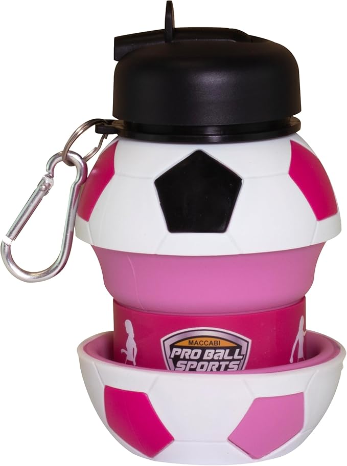 Maccabi Art Clip-On Collapsible BPA-Free Silicone Pink Soccer Ball Water Bottle for Kids, 18 Oz. Size