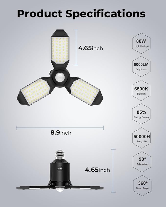 toberich Motion Sensor Garage Light, 8000LM Motion Sensor Shop Light w/ 3 Switch Modes, 6500K Indoor Motion Activated Light Bulb for Garage, Workshop, Laundry Room, Basement (1 Pack)