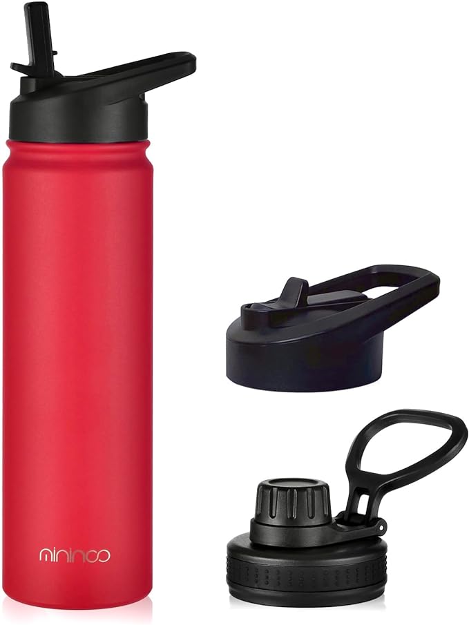 mininoo 24 oz Insulated Water Bottle with Straw Lid, Stainless Steel Double Wall Vacuum, Leak Proof, BPA Free, Keep Cold for 24H & Hot for 12H(Red)