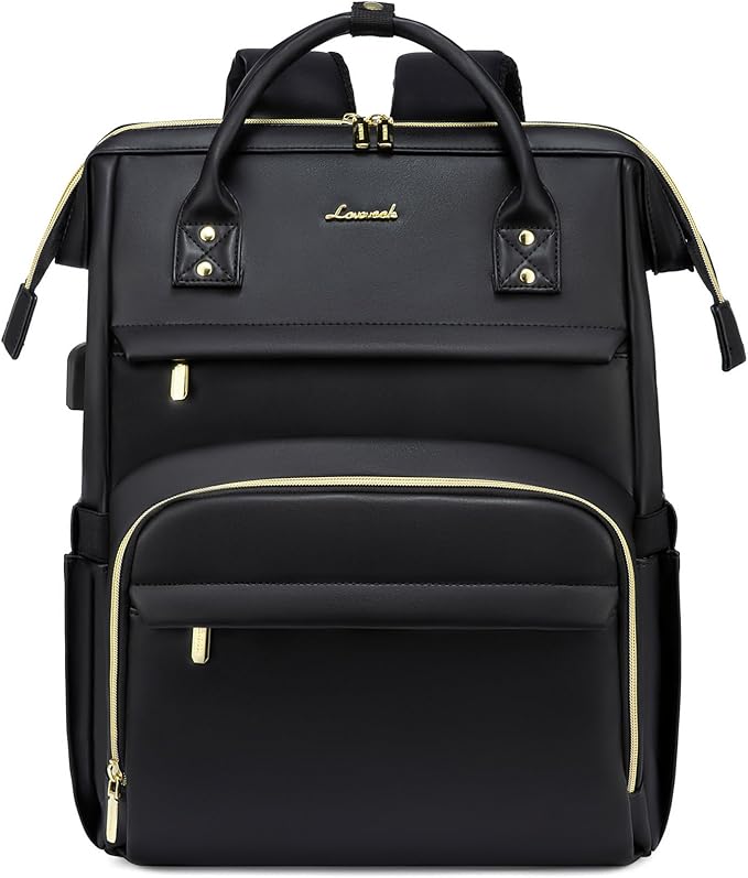 LOVEVOOK Leather Laptop Backpack for Women 18 inch,Travel Backpack Purse Nurse Teacher Backpack Computer Laptop Bag,Professional College Business Work Bags Carry On Backpack with USB Port,Black