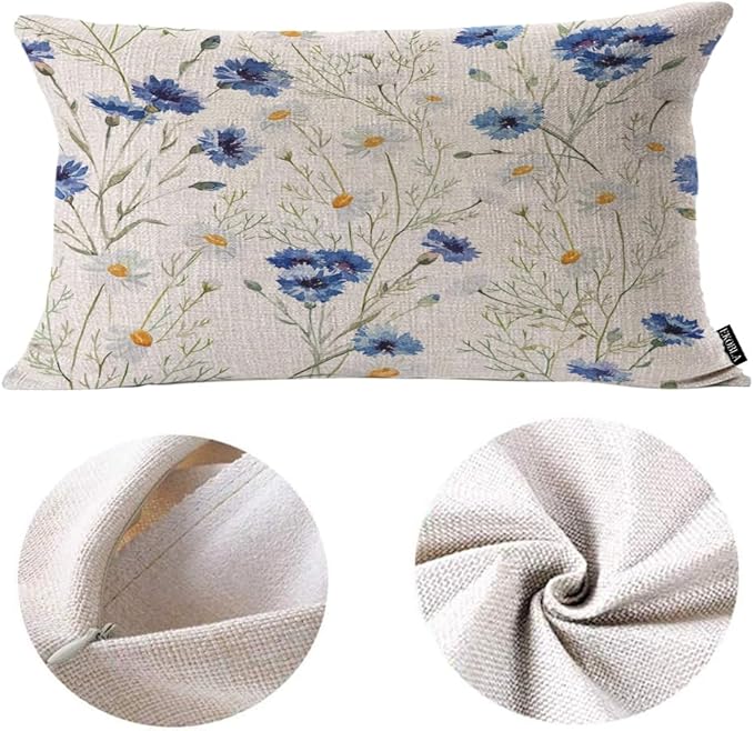 EKOBLA Watercolor Flowers Decorative Pillow Case Throw Pillow Covers Blue Cornflower Daisy Spring Linen Lumber Decorative Throw Cushion Cover Pillowcases for Bed Sofa Oblong Rectangle 12x20