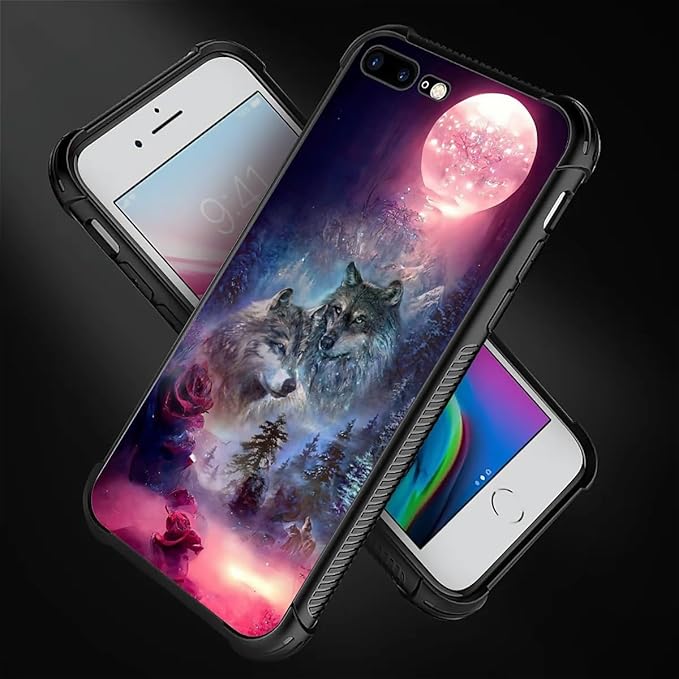 for iPhone 7/8 Case, Star Two Wolfs Howling Pattern Graphic Design Girl Boy Soft Silicone Hard Acrylic Shock Protection for iPhone 7/8