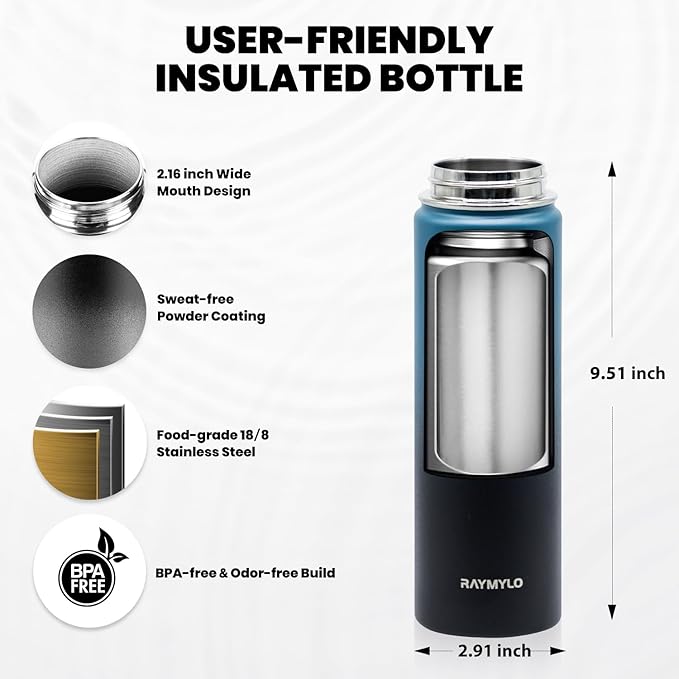 RAYMYLO Insulated Water Bottle 20 oz, Triple Wall Vacuum Stainless Steel (Cold for 24Hrs, Hot for 12Hrs), Leak Proof & Non-BPA, Kids Water Bottle Jug for School with Straw Spout Lids