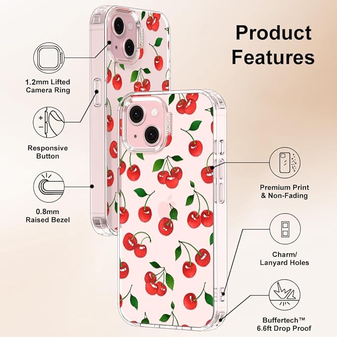 MOSNOVO Case for iPhone 15, [Buffertech 6.6ft Military-Grade Drop Protection] [Anti Peel Off Tech] Clear TPU Bumper Phone Case Cover Design - Cute Cherry