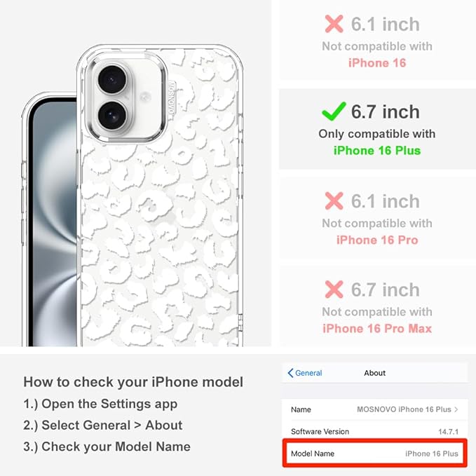 MOSNOVO Case for iPhone 16 Plus, [Buffertech 6.6ft Military-Grade Drop Protection] [Anti Peel Off Tech] Clear TPU Bumper Phone Case Cover Design - White Leopard Print