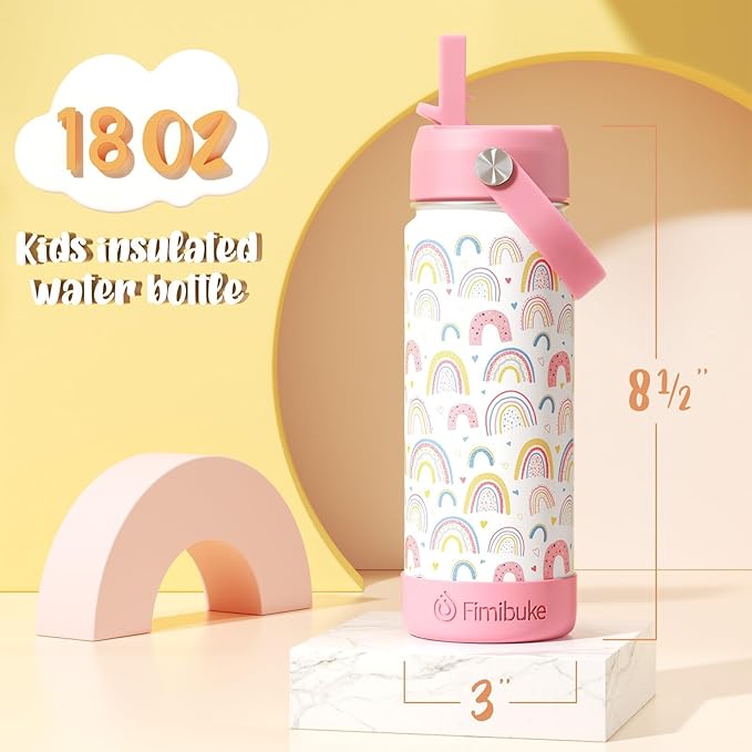 Fimibuke Kids Insulated Water Bottle, 18oz BPA FREE Kids Cup with Straw Double Wall Vacuum Tumbler 18/8 Stainless Steel Leak Proof Toddler Water Bottle for School Boys Girls (2 Pack, Rainbow/Mermaid)