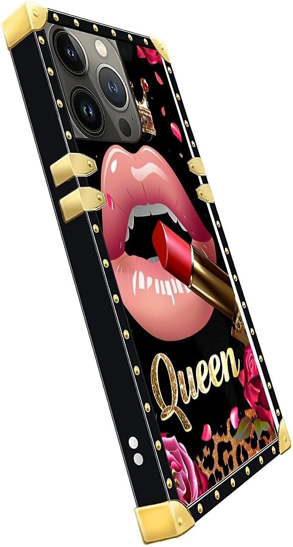 Compatible with iPhone 14 Pro Max Case, Glitter Red Rose Queen Leopard Lipstick Luxury Golden Decoration for Girl Women Soft TPU Shockproof Protective Hard PC Back