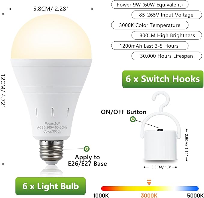 DEBAOBULB 6 Pack Rechargeable Emergency Light Bulbs, Battery Powered LED Light Bulb 3000K Warm E26 120 Volt 9W 60W Equivalent with 1200mAh for Home Power Outage Camping Hurricane