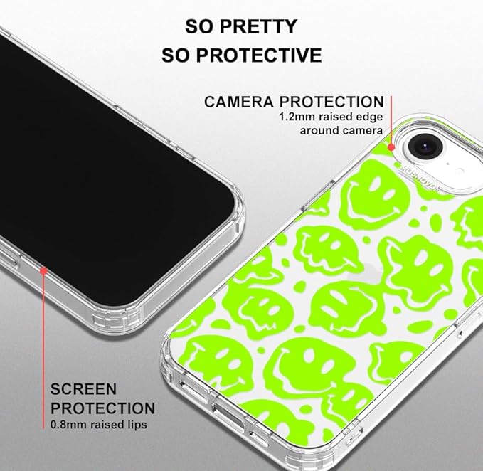MOSNOVO for iPhone 17e Case/iPhone 16e Case, Shockproof Military-Grade Protection 6.6ft Drop Tested, Clear Phone Case for iPhone 16e / iPhone 17e, Distorted Green Smiles Face Design