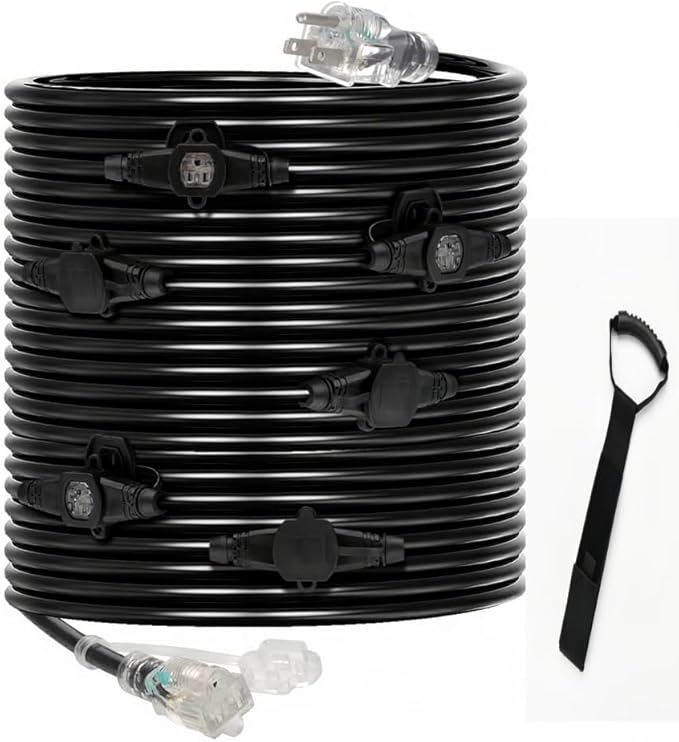 50FT 14 Gauge Heavy Duty Multi-Outlet Outdoor Extension Cord, 7 Evenly Spaced Weatherproof Outlets, LED Indicator Light,Great for Stage Backdrops, Landscape Garden Lighting, Holiday Decoration ETL