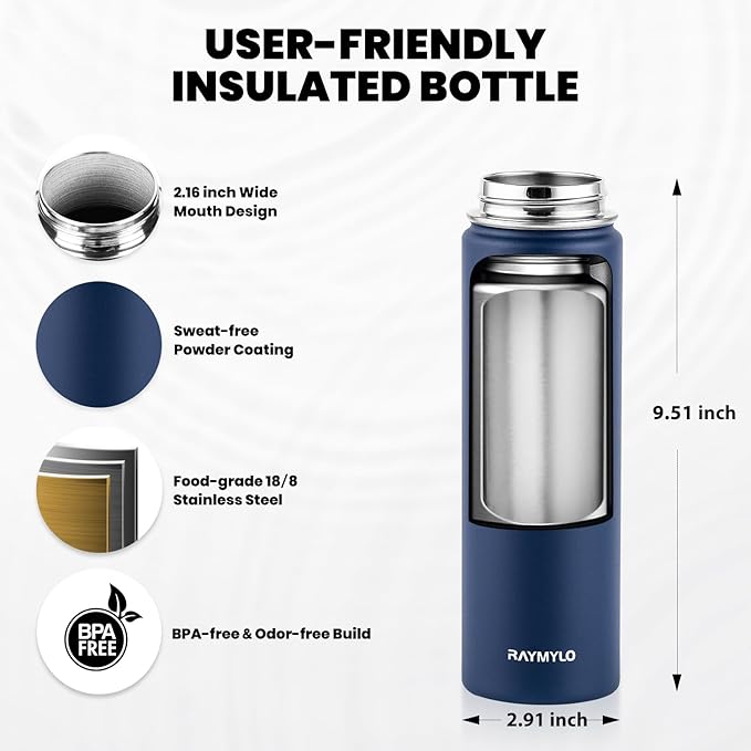 RAYMYLO Insulated Water Bottle 20 oz, Triple Wall Vacuum Stainless Steel (Cold for 24Hrs, Hot for 12Hrs), Leak Proof & Non-BPA, Kids Water Bottle Jug for School with Straw Spout Lids