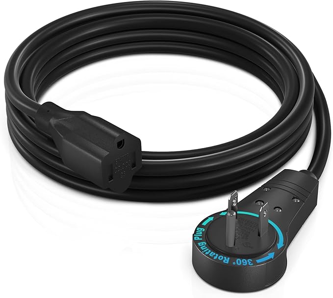 Maximm Cable 5 Feet 360° Rotating Flat Plug Extension Cord/Wire, 3 Prong Grounded Wire 16 Awg Power Cord - Black UL Certified