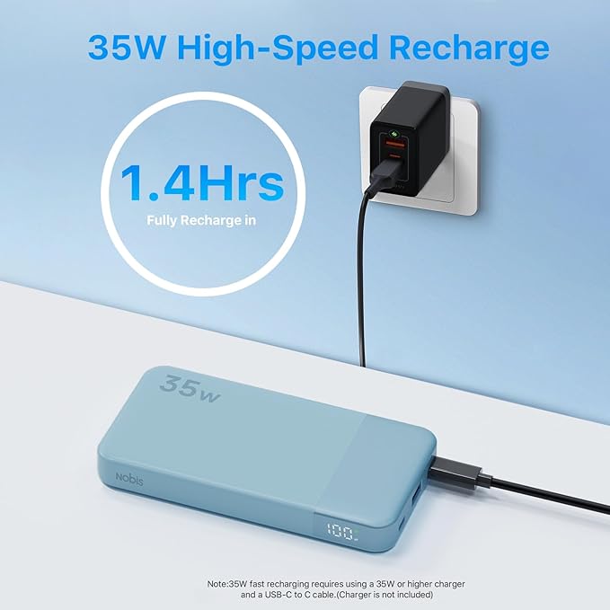 NOBIS Portable Charger, 10000mAh Power Bank Fast Charging, Battery Pack with C to C Cable, Battery Bank with Digital Display for iPhone iPad Android etc (Blue, 35W)