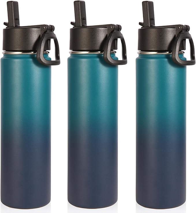 Volhoply 24oz Insulated Water Bottle With Straw Bulk 3 Pack,Metal Wide Mouth Water Bottles With Handle Keep Cold,Reusable Double Wall Cups,Powder Coated Sport Bottle For Holder(Dark Night,3 Count)