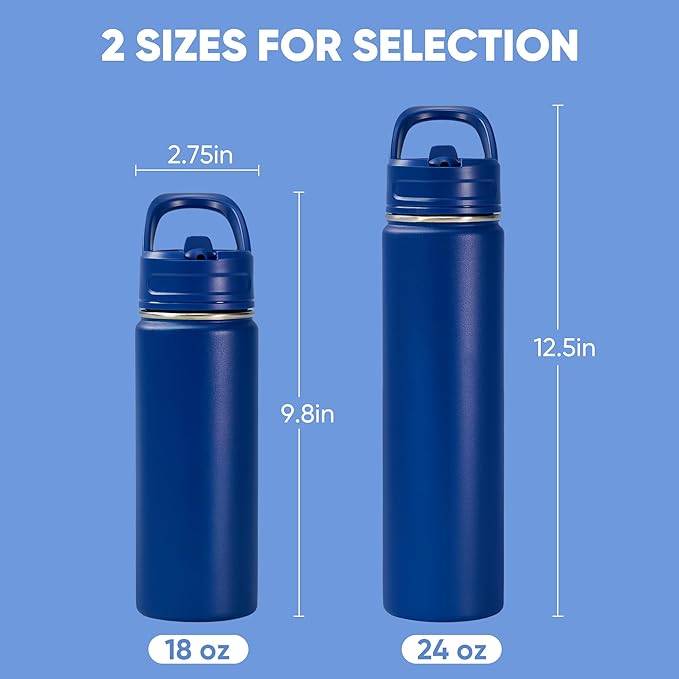 Fijinhom 24oz Insulated Stainless Steel Water Bottle with Straws, Double Wall Vacuum Insulated Bottles, Metal Thermo for Travel, Sports, Leak-Proof, BPA Free, Women & Men, Blue