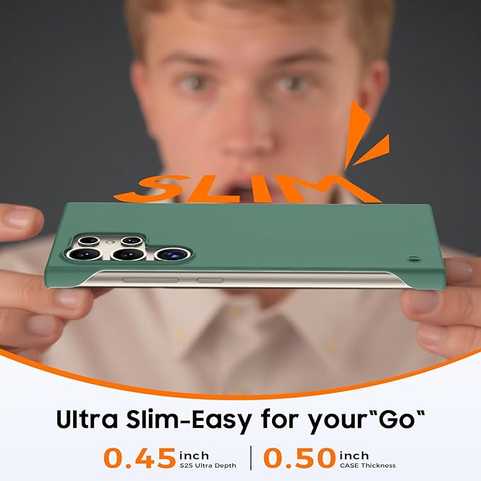 GRECAZO Slim Borderless for Samsung Galaxy S25 Ultra Phone Case 6.9"(2025) Ultra-Thin Lightweight Frameless Matte Hard PC Cover Case with Pull Ring Minimalist Non Slip Rope-Dark Green