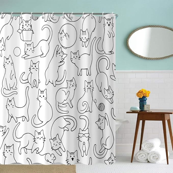Cat Shower Curtain, Black and White Funny Cats Cute Sketching Kitten with Different Postures Bathroom Curtain Waterproof Fabric Machine Washable with Hooks, 65" Wx72 L