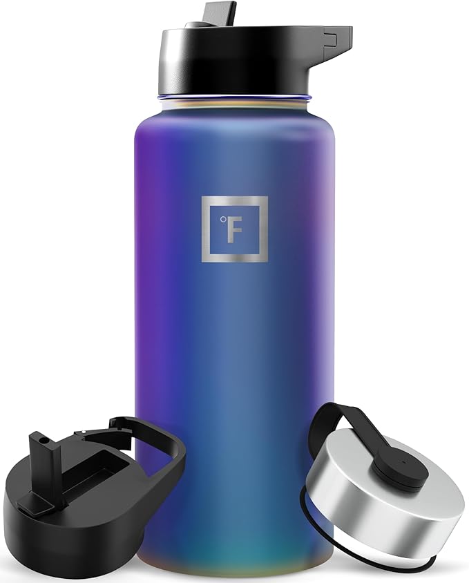 IRON °FLASK Camping & Hiking Hydration Flask with Straw, Wide Mouth Insulated Stainless Steel Sports Water Bottle - 32 oz Aurora