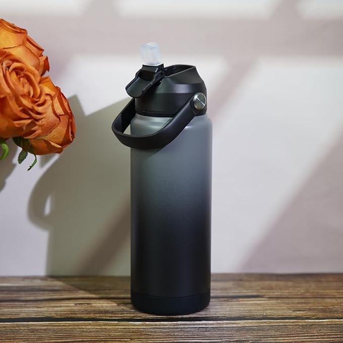 BJPKPK Water Bottle with Straw Lid, 24oz Vacuum Insulated Water Bottles, Metal Stainless Steel Thermo for Sports, Travel, BPA Free Leak Proof Thermo, Cups, Flasks, Tumblers,Black