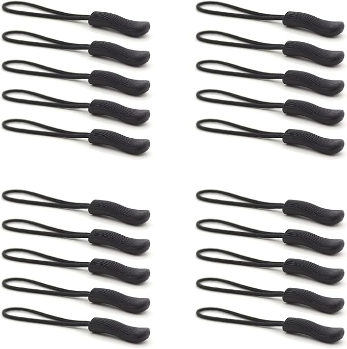 Upgraded 20PCS Premium Black Zipper Pulls - Replacement Zipper Tab Tags Cord Extension Fixer for Luggage, Backpacks, Jackets, Purses, Handbags