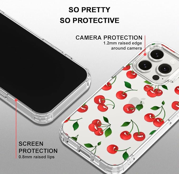 MOSNOVO Case for iPhone 15 Pro, [Buffertech 6.6ft Military-Grade Drop Protection] [Anti Peel Off Tech] Clear TPU Bumper Phone Case Cover Design - Cute Cherry
