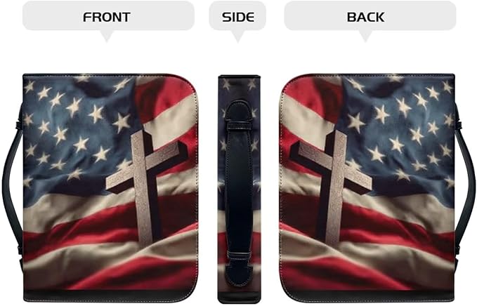 Large Bible Cover Case for Women Men American Flag and Cross PU Leather Bible Case with Bookmark Church Bag Book Carrying Case Bible Cover for Women Men Bible Case for Men Women