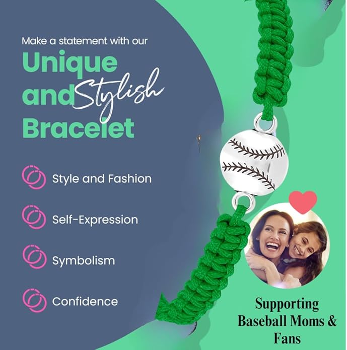Sportybella - Baseball Bracelet, Baseball Jewelry, Adjustable Braided Baseball Bracelet, Baseball Gifts, Baseball Accessories