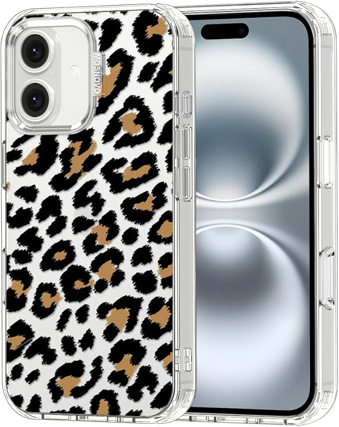 MOSNOVO Case for iPhone 16 Plus, [Buffertech 6.6ft Military-Grade Drop Protection] [Anti Peel Off Tech] Clear TPU Bumper Phone Case Cover Design - Leopard Print
