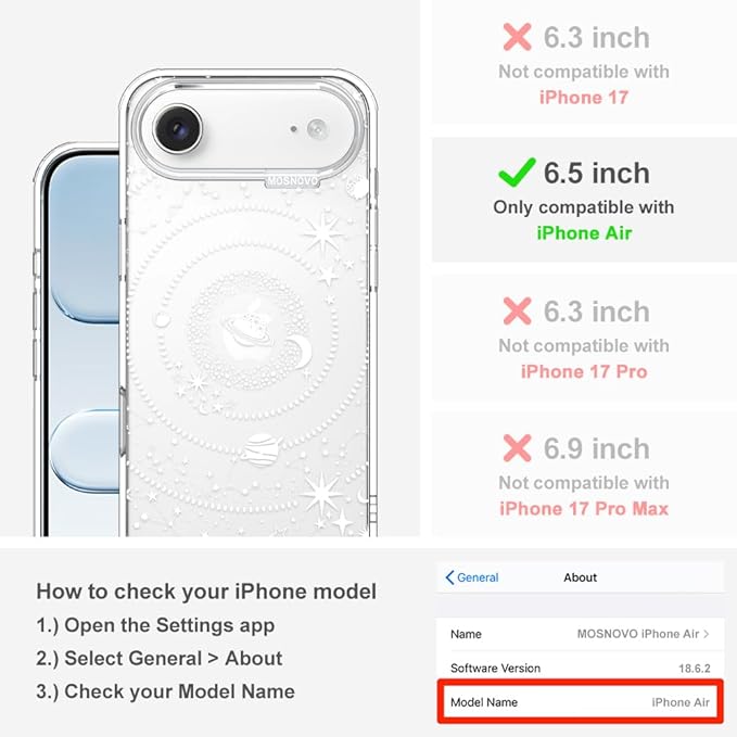MOSNOVO for iPhone Air Case | Military Grade 6.6ft Drop Tested | Camera Control | Clear with Galaxy Design