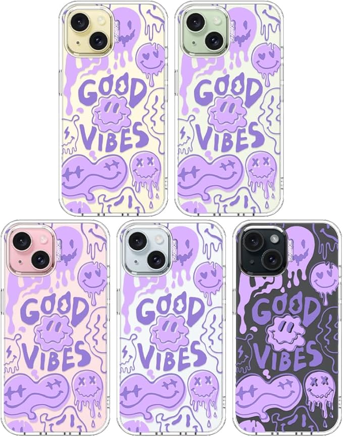 MOSNOVO Case for iPhone 15, [Buffertech 6.6ft Military-Grade Drop Protection] [Anti Peel Off Tech] Clear TPU Bumper Phone Case Cover Design - Good Vibes