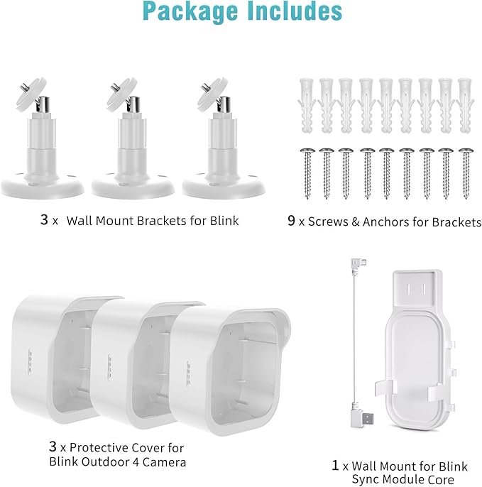 Wall Mount for Blink Outdoor Cameras , 3 Pack Weatherproof Housing, 360 Degrees Adjustable Bracket with Sync Module Core Mount for Blink Outdoor 2K+, 4th & 3rd Gen Cam, White (Camera is Not Included)