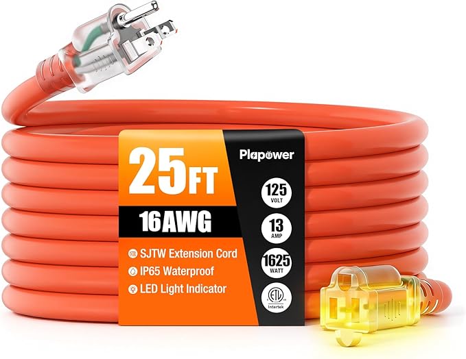 25 FT Outdoor Extension Cord Waterproof, 16/3 Gauge Heavy Duty 3 Prong Power Cord with Lighted Indicator End, 13A 125V 1625W SJTW, ETL Listed, Great for Lawn/Garden/Home(Orange)