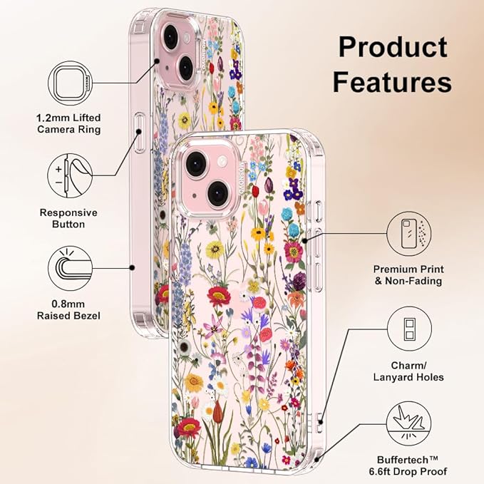 MOSNOVO Case for iPhone 15, [Buffertech 6.6ft Military-Grade Drop Protection] [Anti Peel Off Tech] Clear TPU Bumper Phone Case Cover Design - Wildflower Meadow