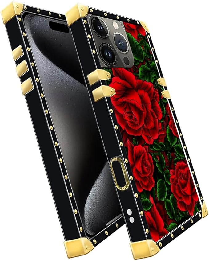 Compatible with iPhone 16 Pro Case, Vector Red Rose Green Leaf Luxury Golden Decoration for Girl Women Soft TPU Shockproof Protective Hard PC Back