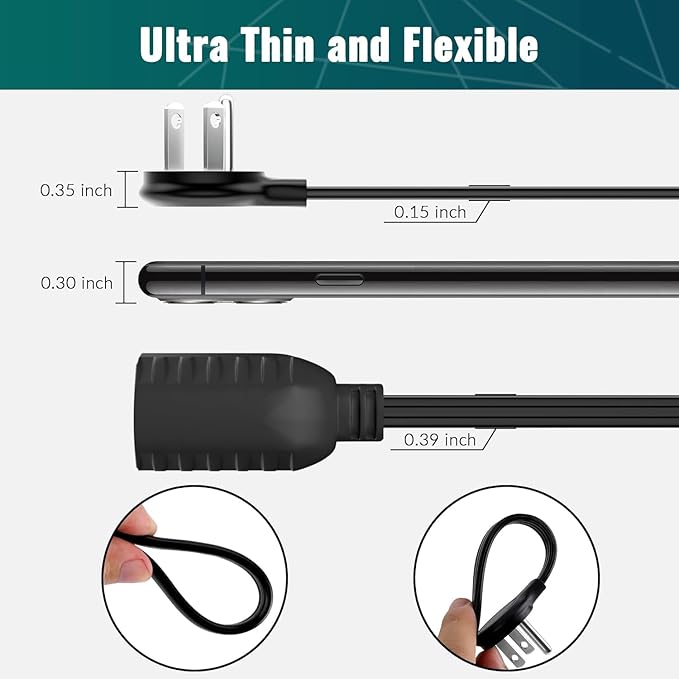 Elecan Flat Plug Extension Cord 12 Ft with Slim Space-Saving Plug Design, Thin Flat Cable Low Profile Power Cord 3 Prong Grounded Wire, 16 Gauge 13 A/125 V-Black-ETL Certified