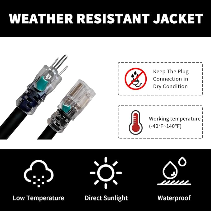 Extension Cord with Lighted End, UL Certified, 10 Gauge 1FT Black 3 Prong Heavy Duty, 10/3 SJTW 15A Power Cord for Lights, Lawn