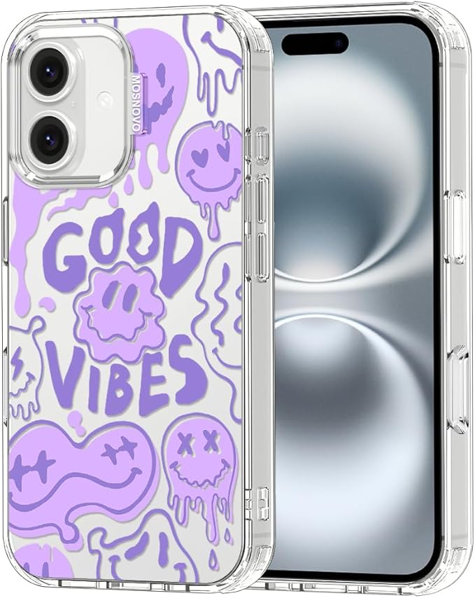 MOSNOVO Case for iPhone 16 Plus, [Buffertech 6.6ft Military-Grade Drop Protection] [Anti Peel Off Tech] Clear TPU Bumper Phone Case Cover Design - Good Vibes